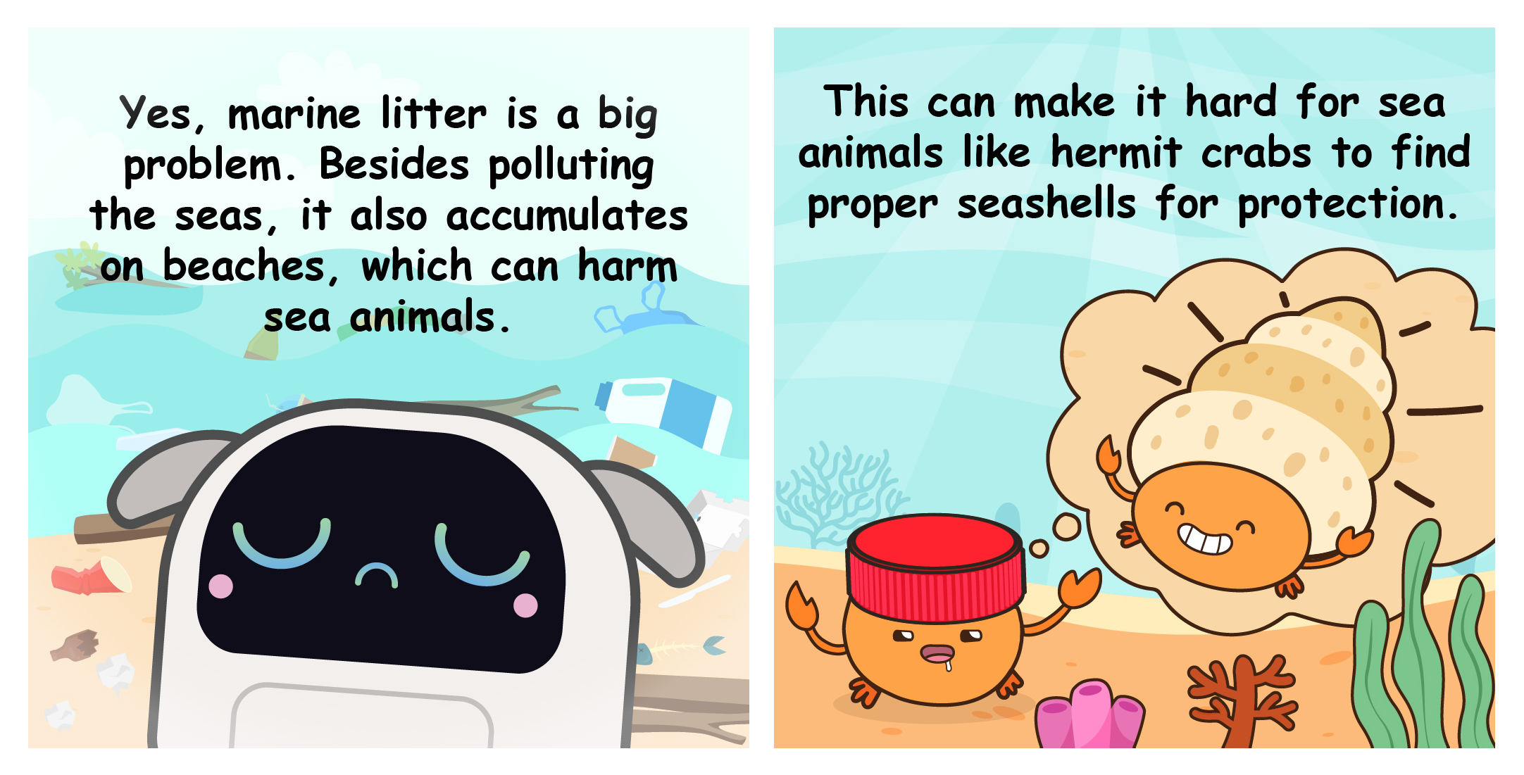 Two-panel comic where Poodle explains how marine litter harms sea life, illustrating a hermit crab struggling to find a real seashell while using a plastic bottle cap.